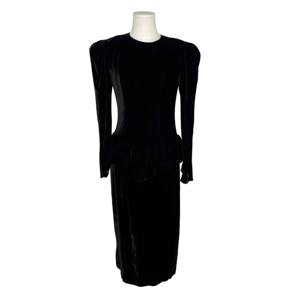 Vtg 80s Wayne Clark Black Velvet Dress With Puff Sleeves & Bow Back Detail Sz 4